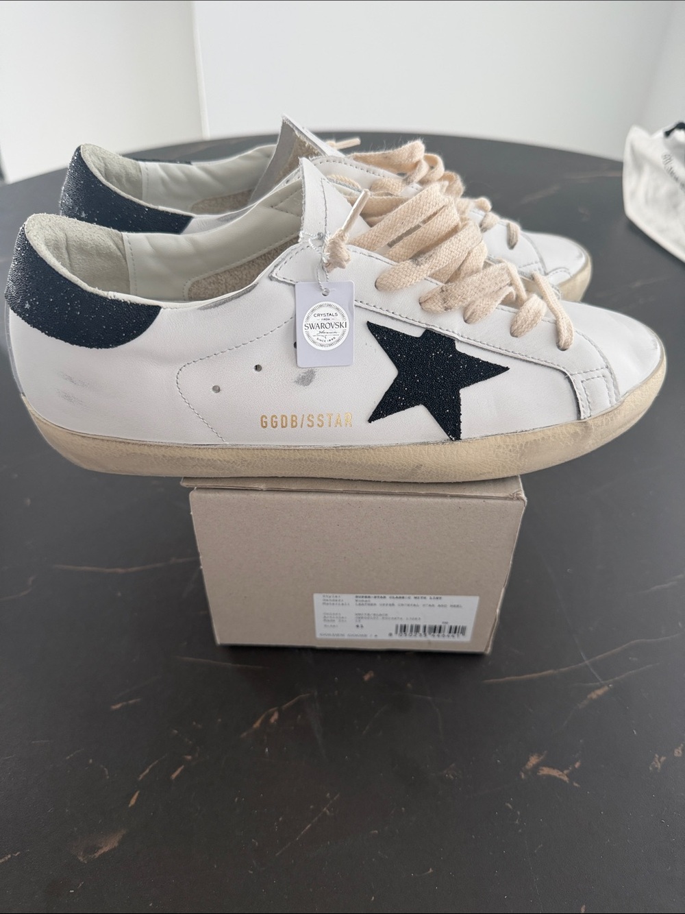 Golden Goose Swarovski Inspired White Leather Sneakers with Black Star